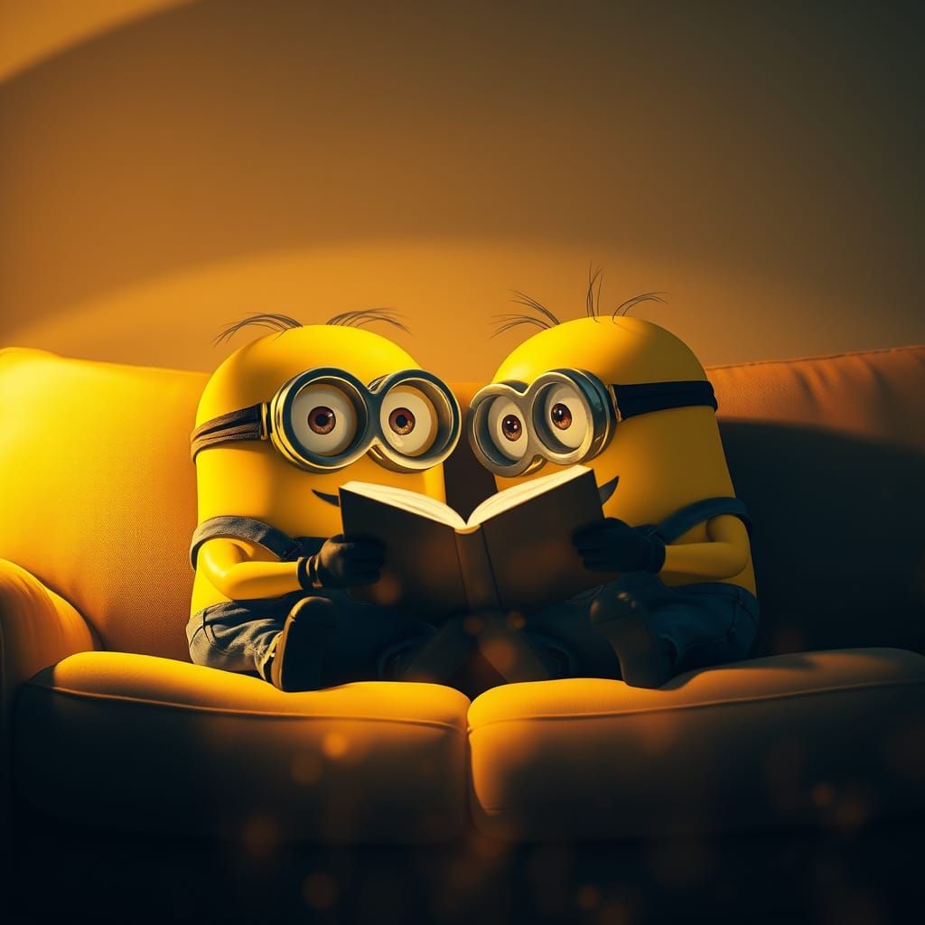 Minions Reading by Flashlight in Double Exposure Style