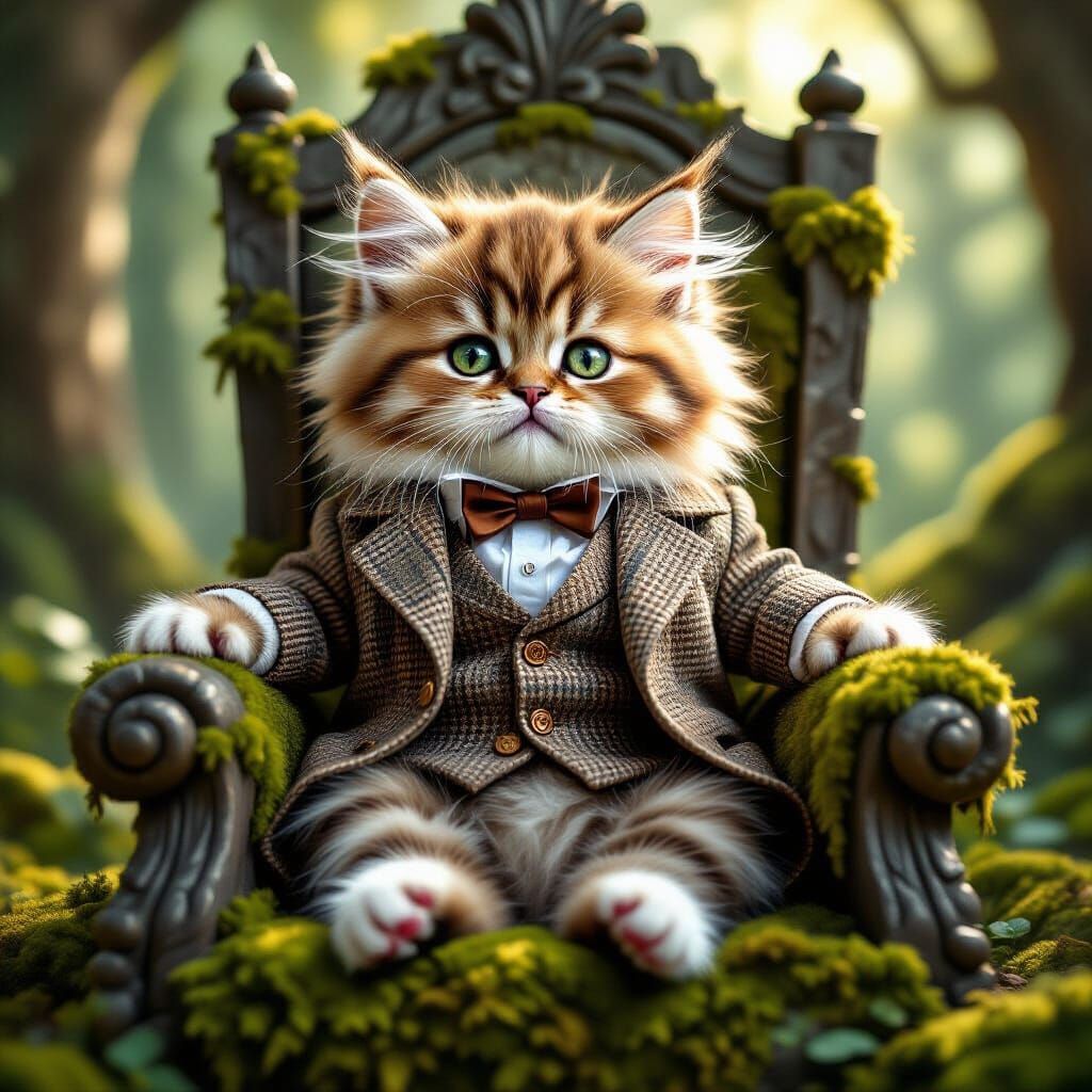 Regal Kitten in Tweed Suit on Ancient Throne