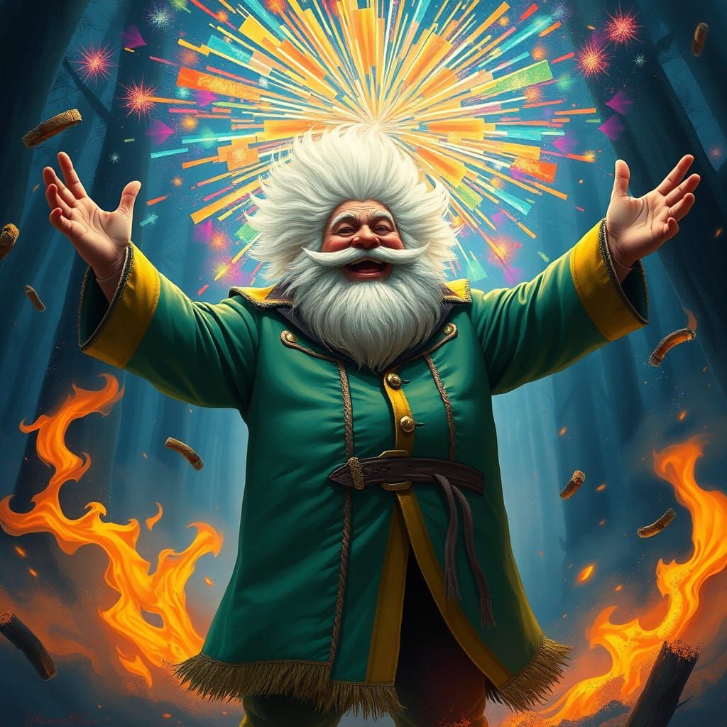 Jovial Man Celebrates New Year in a Vibrant Fire Forest, in ...