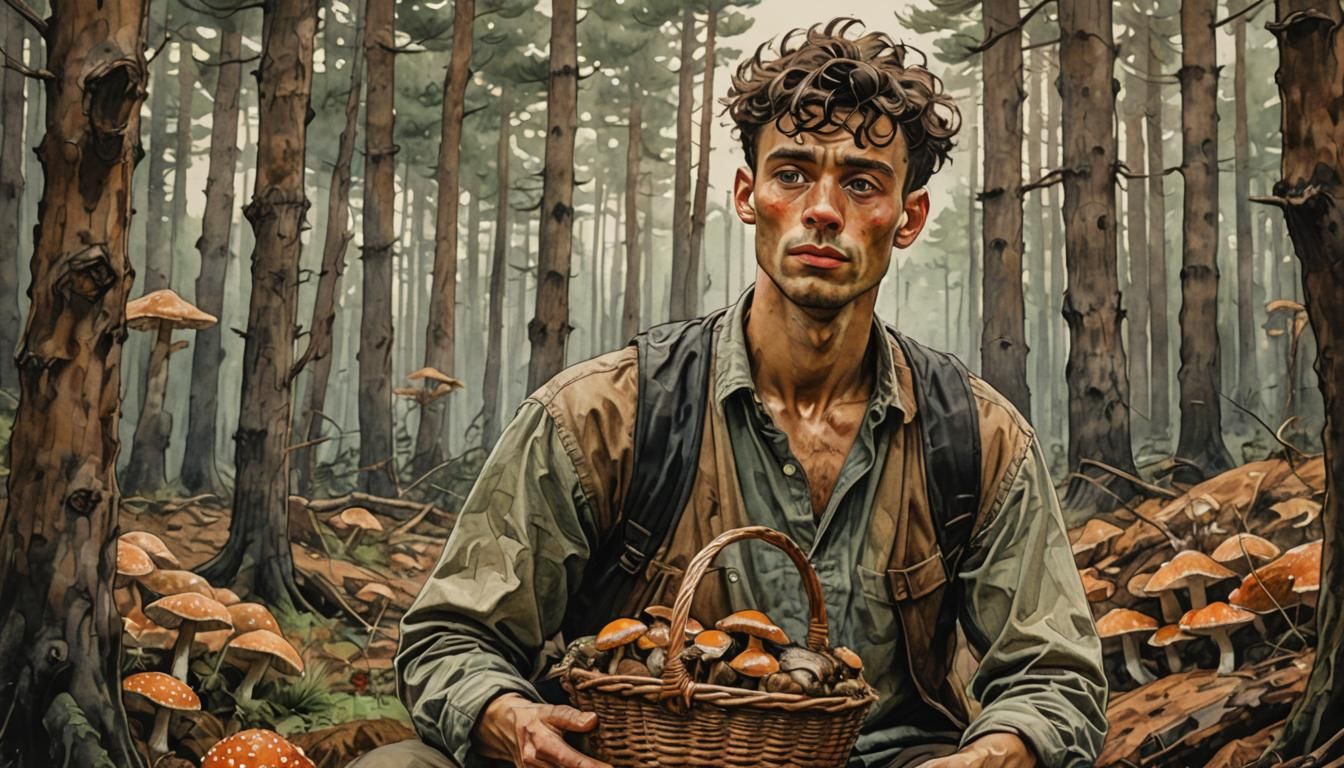 Man with Mushrooms: Egon Schiele Style Ink Painting