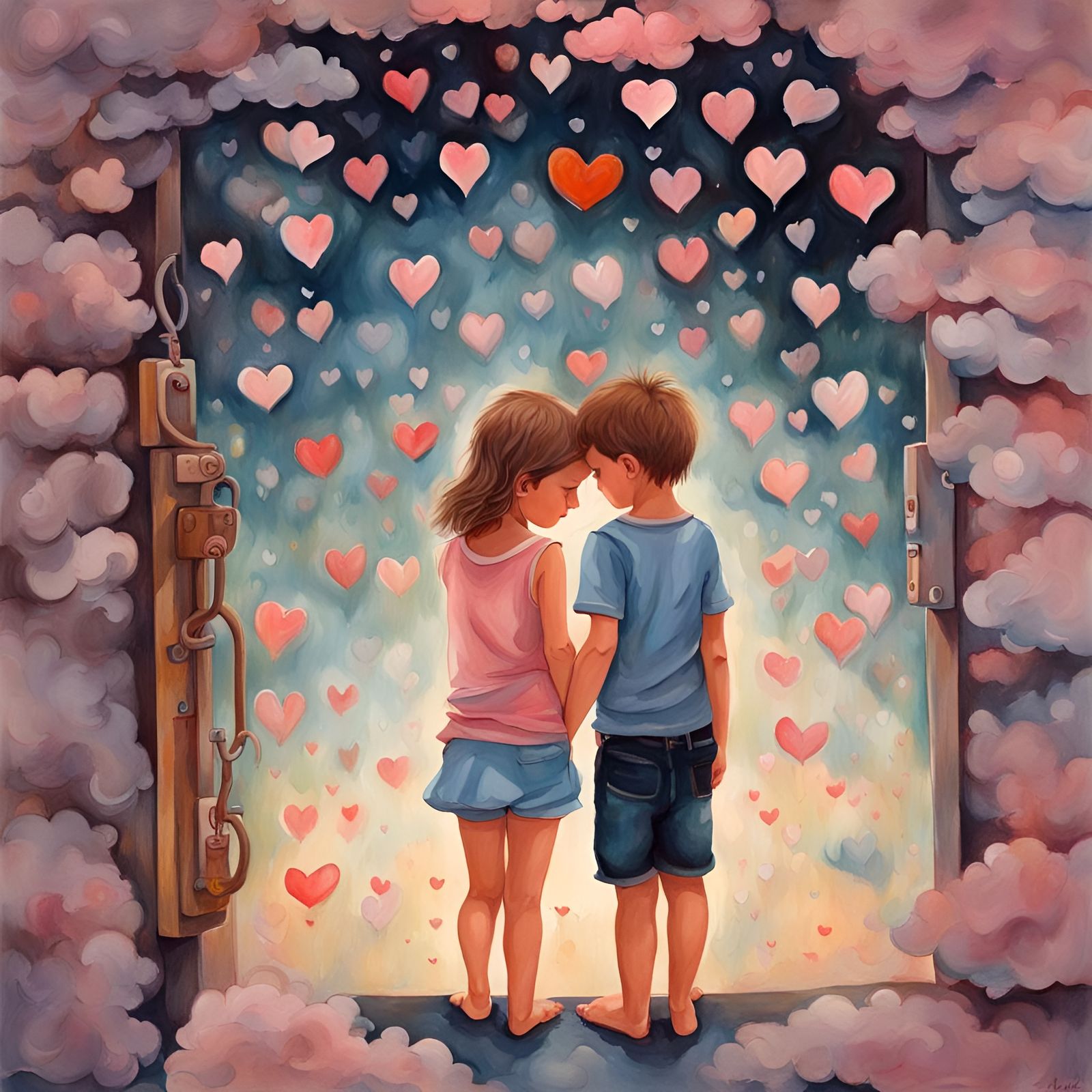 Dreamy Childhood Love in Detailed Gouache Painting