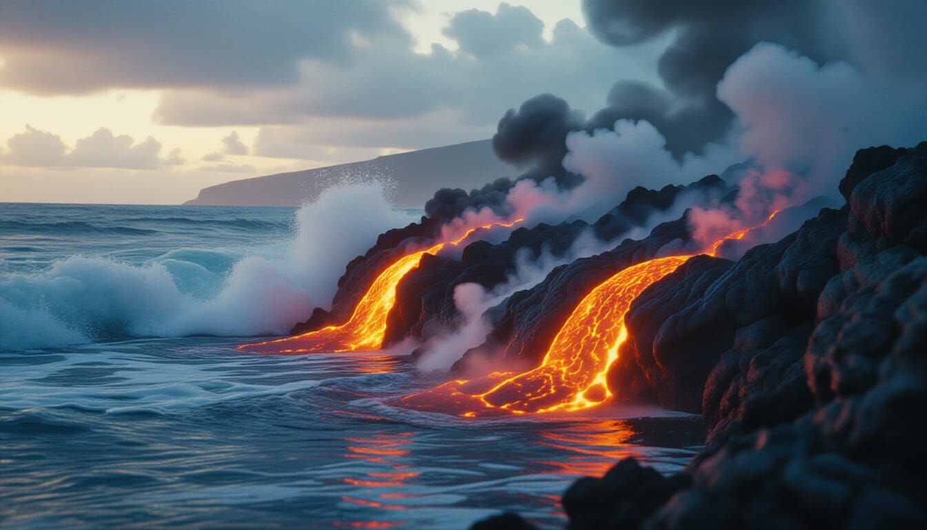 Lava Flowing into Ocean Waves in Hawaii