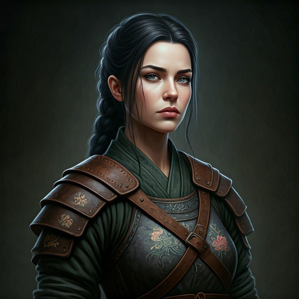 Confident Woman Warrior with Saber and Dark Braid