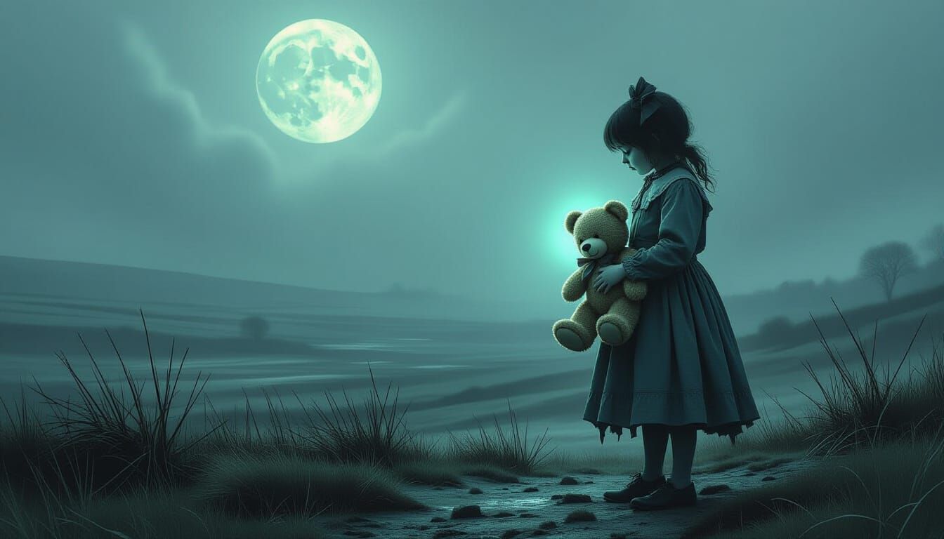 Spectral Victorian Child and Teddy Bear on Moonlit Moor
