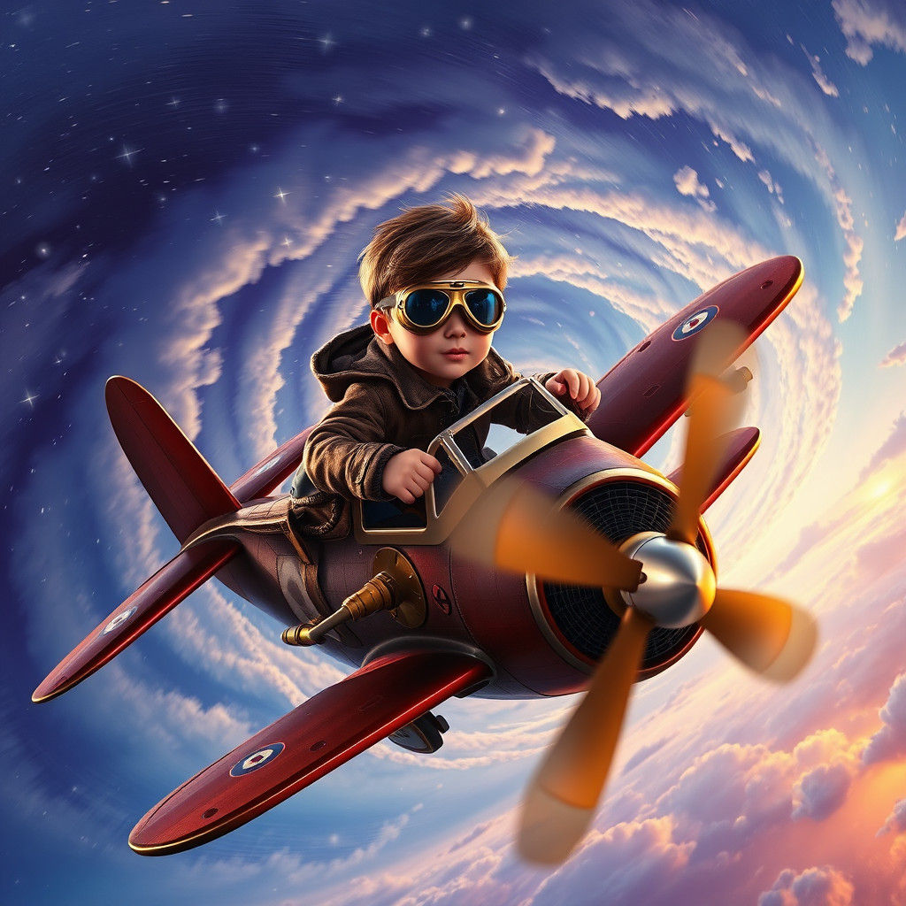 Boy Pilot Soaring Through Iridescent Clouds