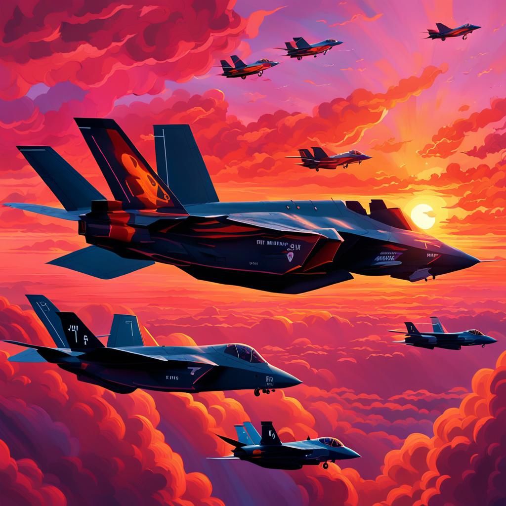 Fleet of Jets Soaring Through Sunset: Digital Concept Art