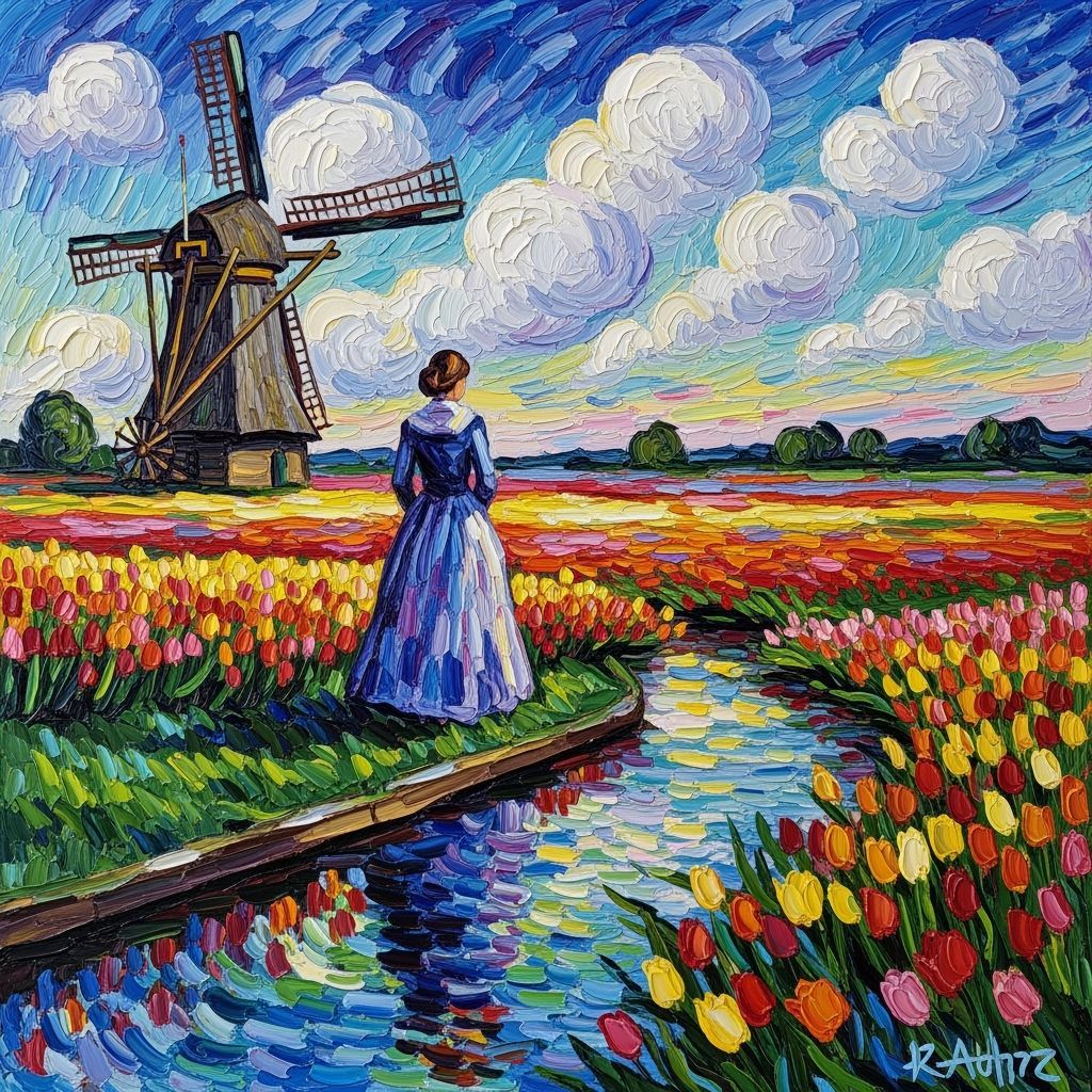 Woman in Tulip Field as Impasto Painting