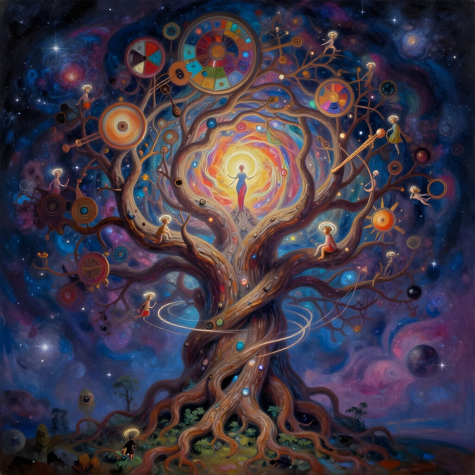 Cosmic Tree of Love and Music in Surreal Oil Painting Style