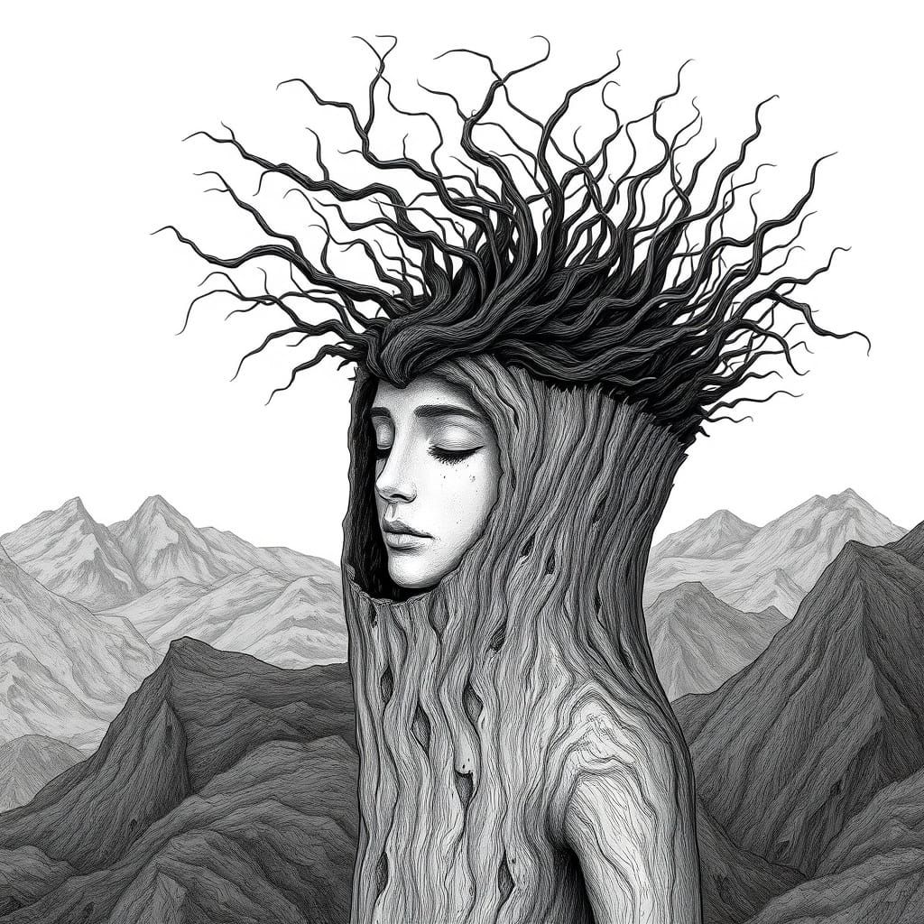 Surreal Figure Emerges from Bark-Like Surface in Monochrome