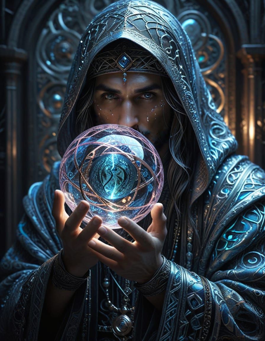 Mystical Sorcerer with Glowing Sphere: Digital Art