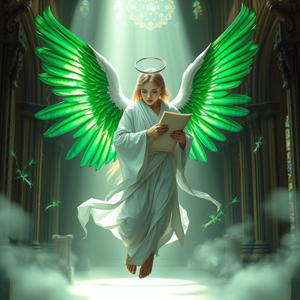 Ethereal Angel in Emerald Splendor, Classical Cathedral Sett...