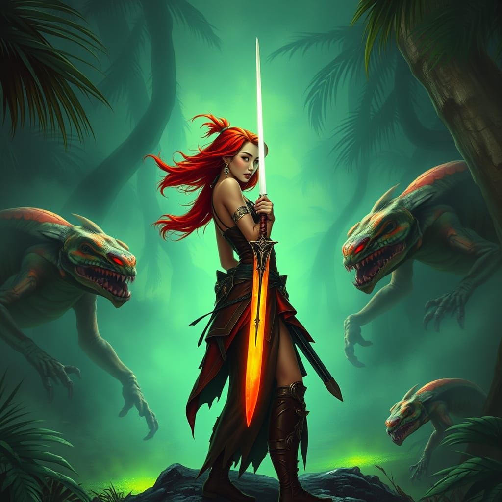 Bioluminescent Jungle Encounter in Heroic Fantasy Style