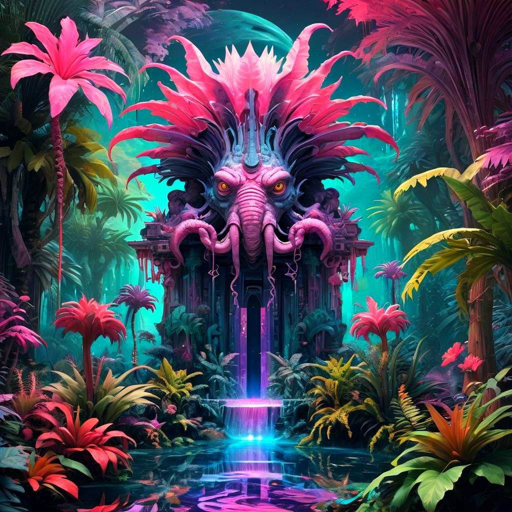 Cosmic Tropical Paradise in Neon Holographic Fractals