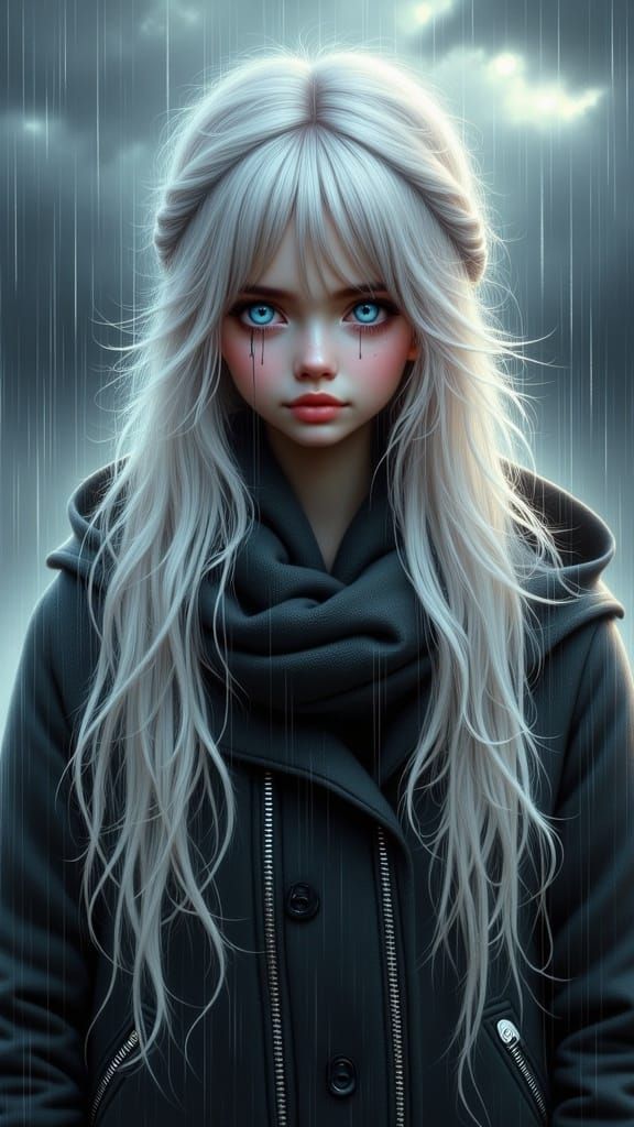 Woman Crying in Rain, Dramatic Lighting Style