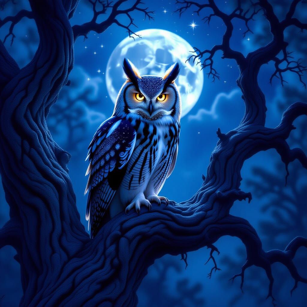 Ethereal Owl Perched in Moonlit Forest, Hyperrealistic Style