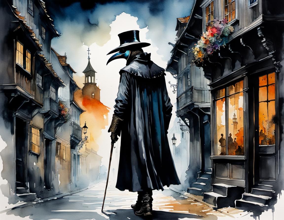 Plague Doctor Walks a Dark Street as Ink Art