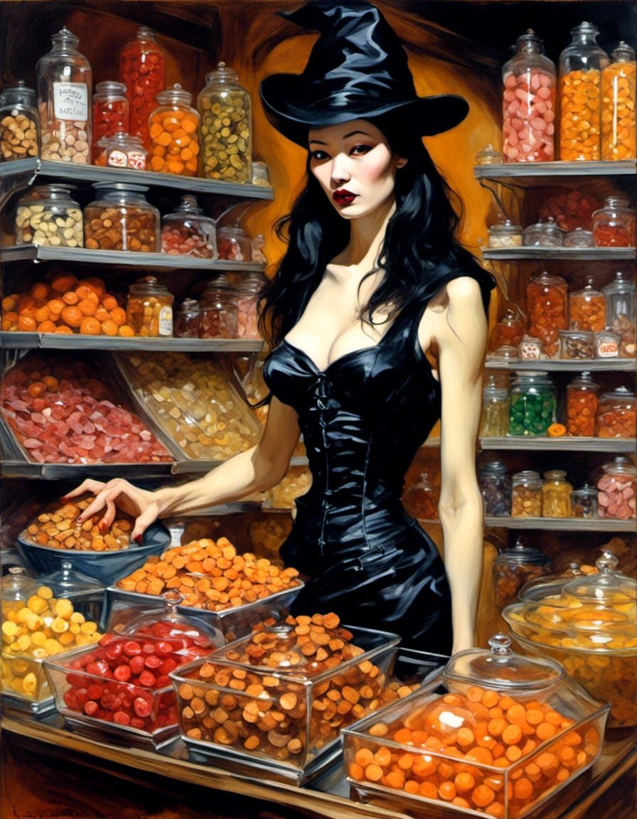 Goth Witch in Creepy Candy Shop: Chiaroscuro Painting