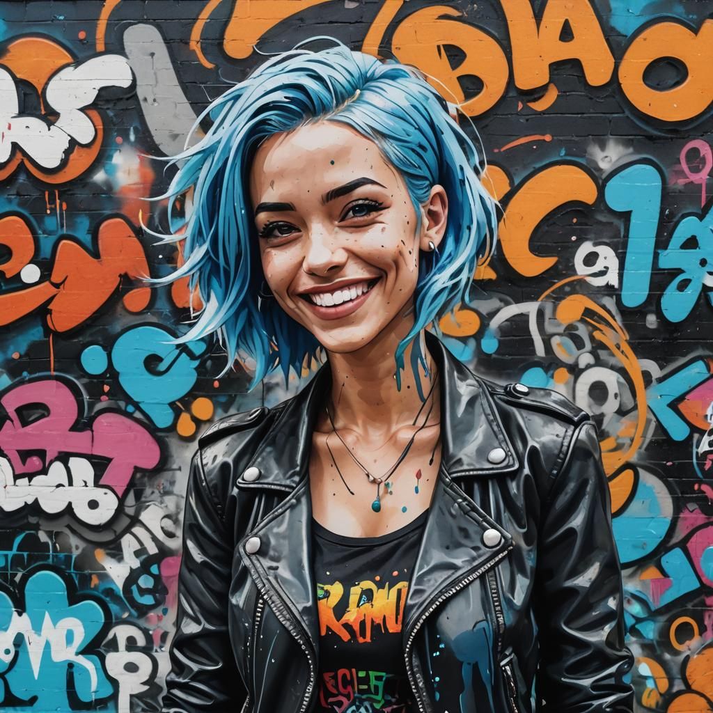 Girl with Blue Hair in Vibrant Street Art