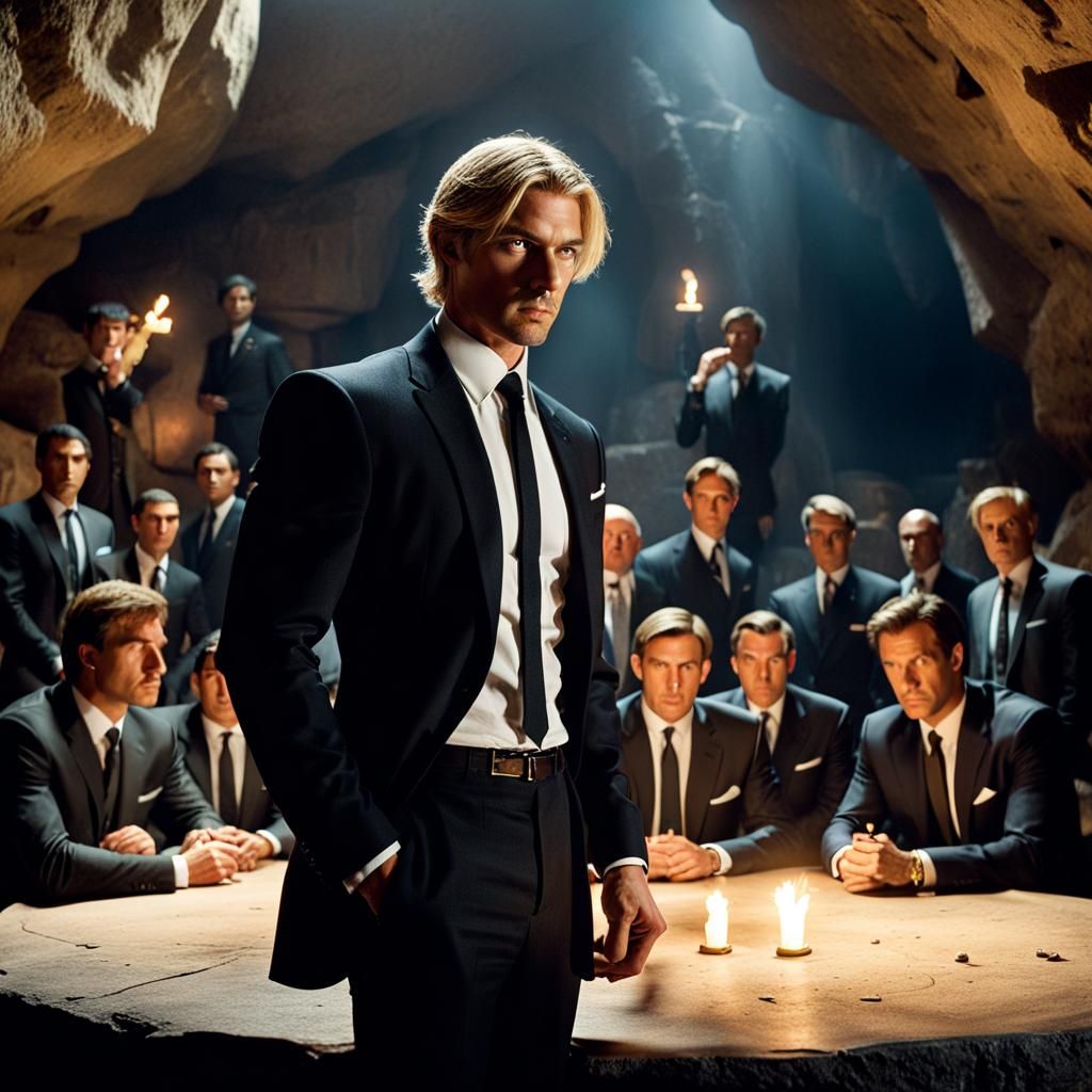 Spy Meeting in Dimly Lit Cave, Futuristic Industrial Style