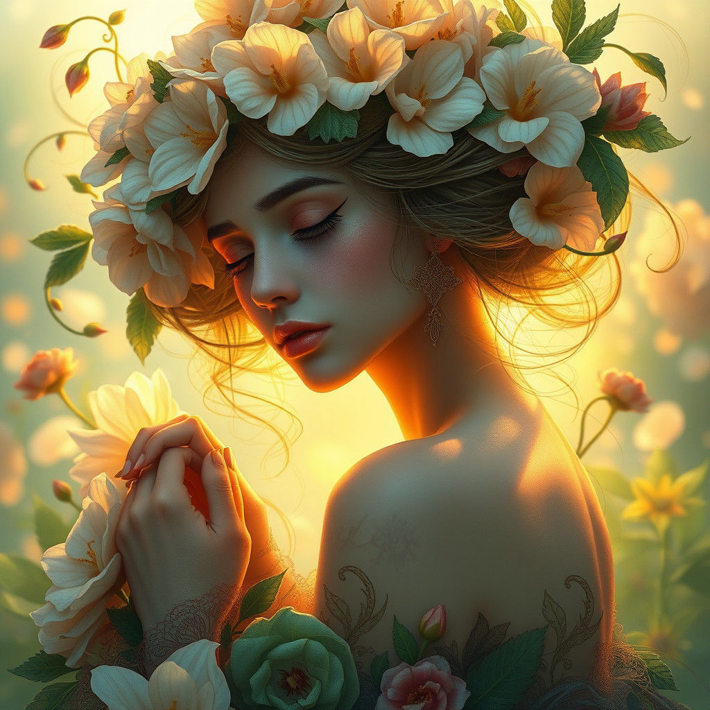 Ethereal Flower Girl Portrait in Art Nouveau Style