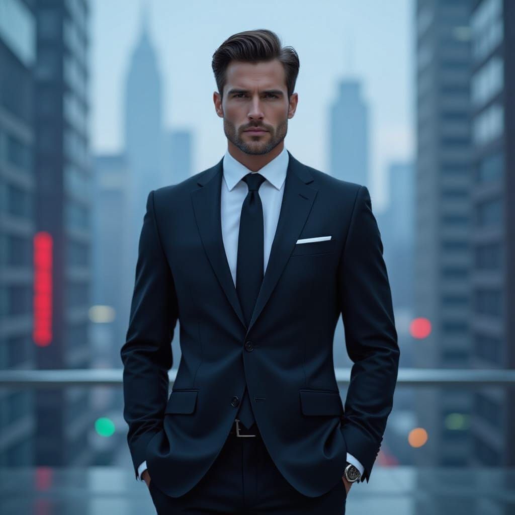 Sleek Man in Futuristic Cityscape: Cyberpunk Art