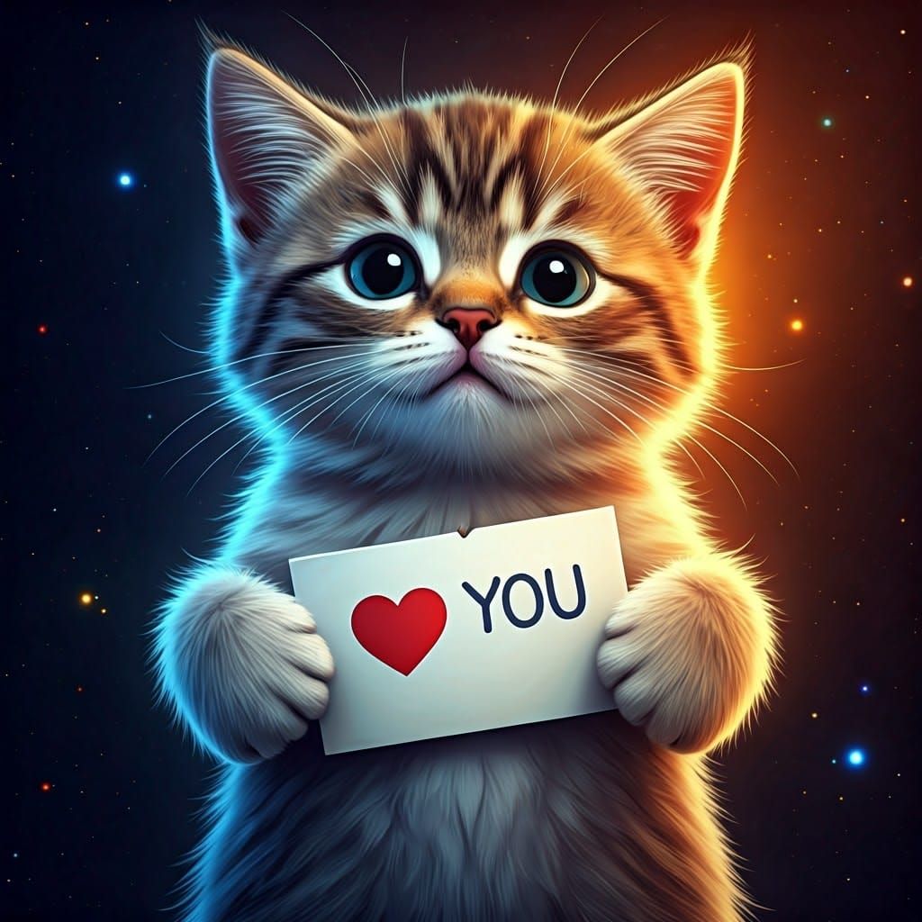 Joyful Kitten Shines in Cosmic Holographic Art