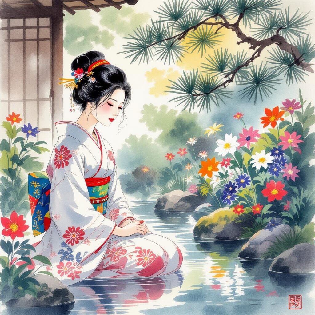 Serene Woman in Japanese Garden, Yamato-e Style