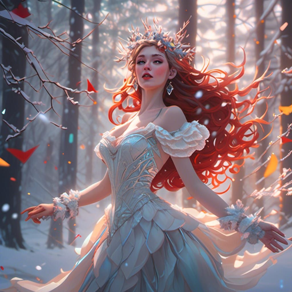 Miss Claus Dances in Snowy Forest, Art Nouveau