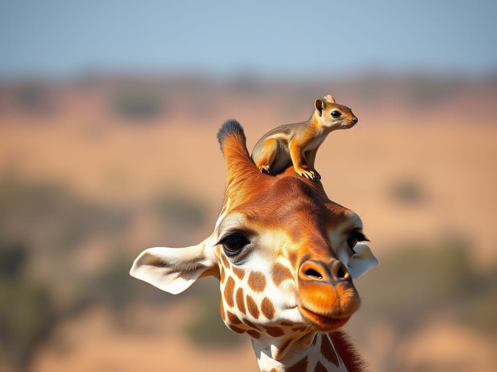 Squirrel and Giraffe Friends on Savannah