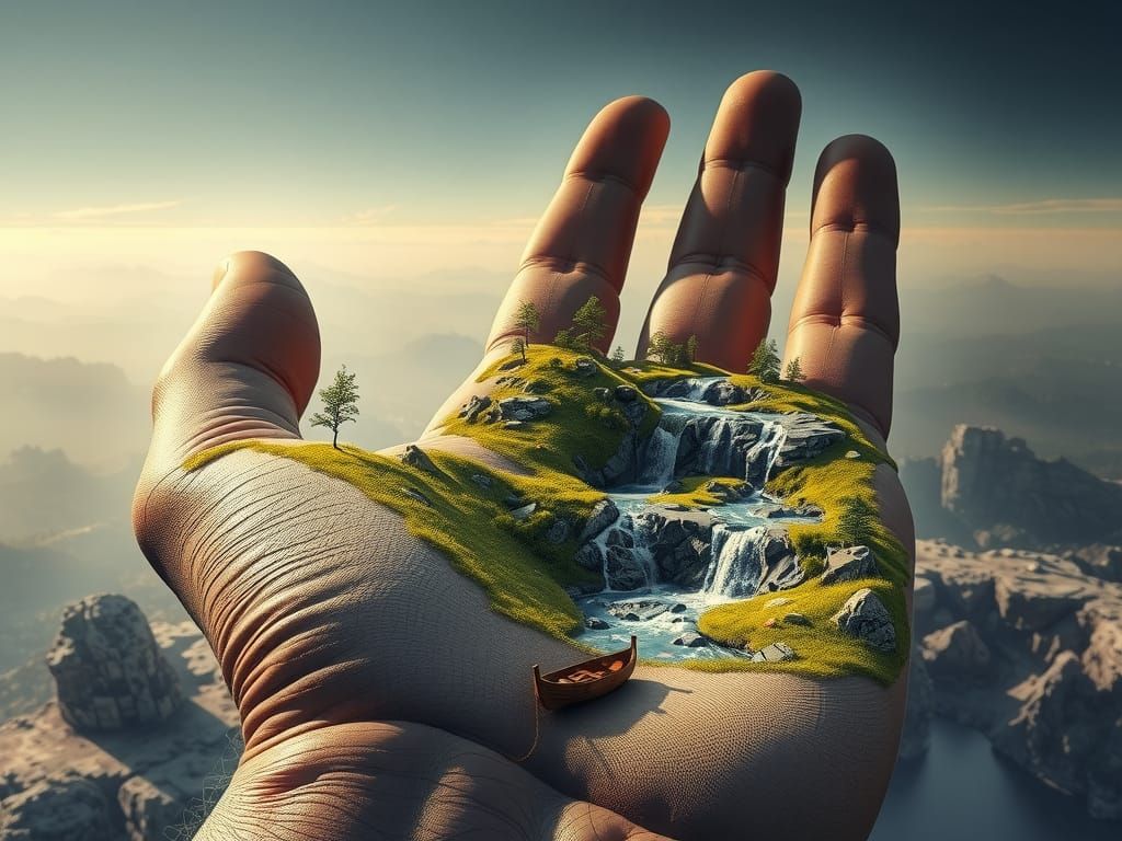 Surreal Giant Hand Landscape in Hyperrealistic Style