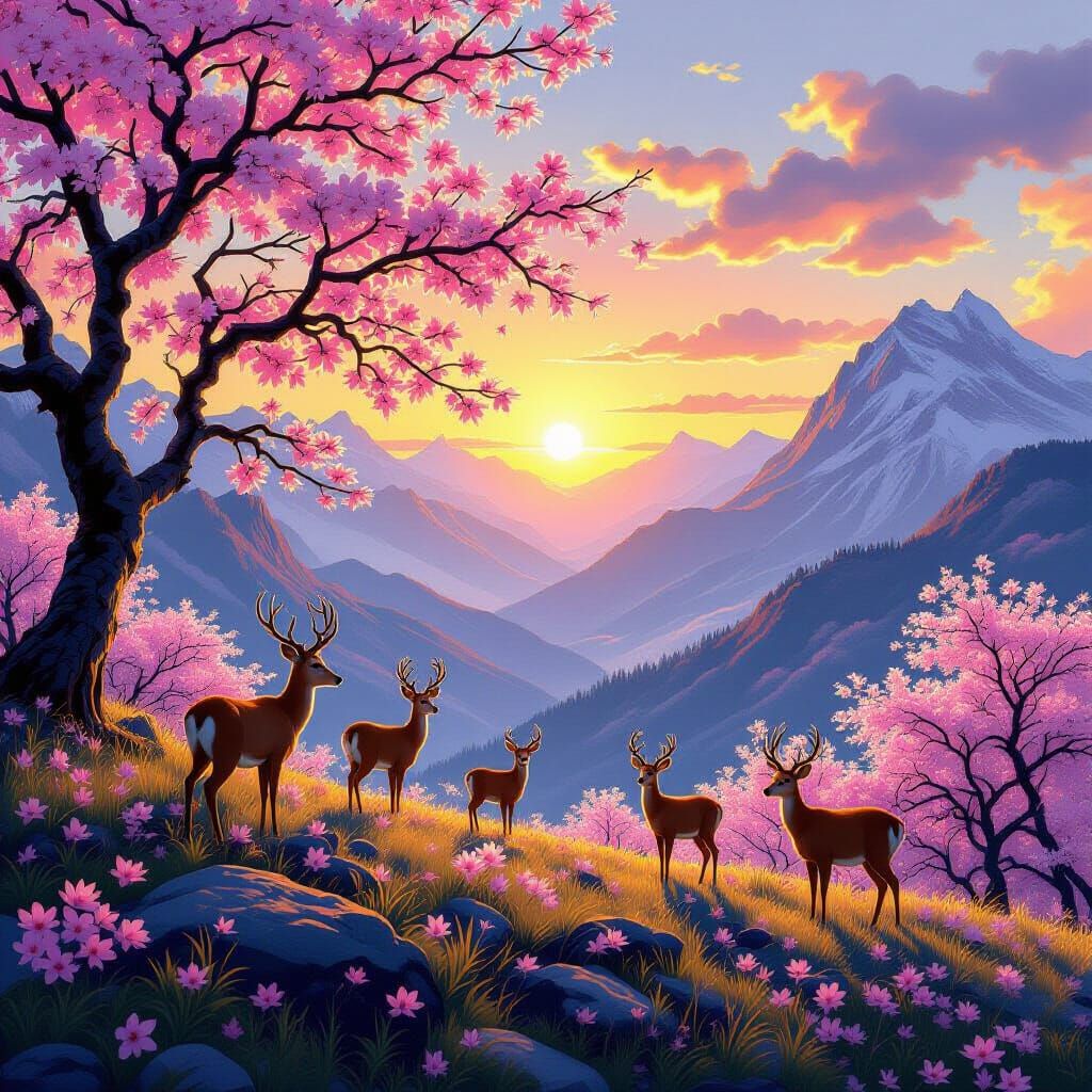 Majestic Sunrise Over Mountains with Deer and Sakura