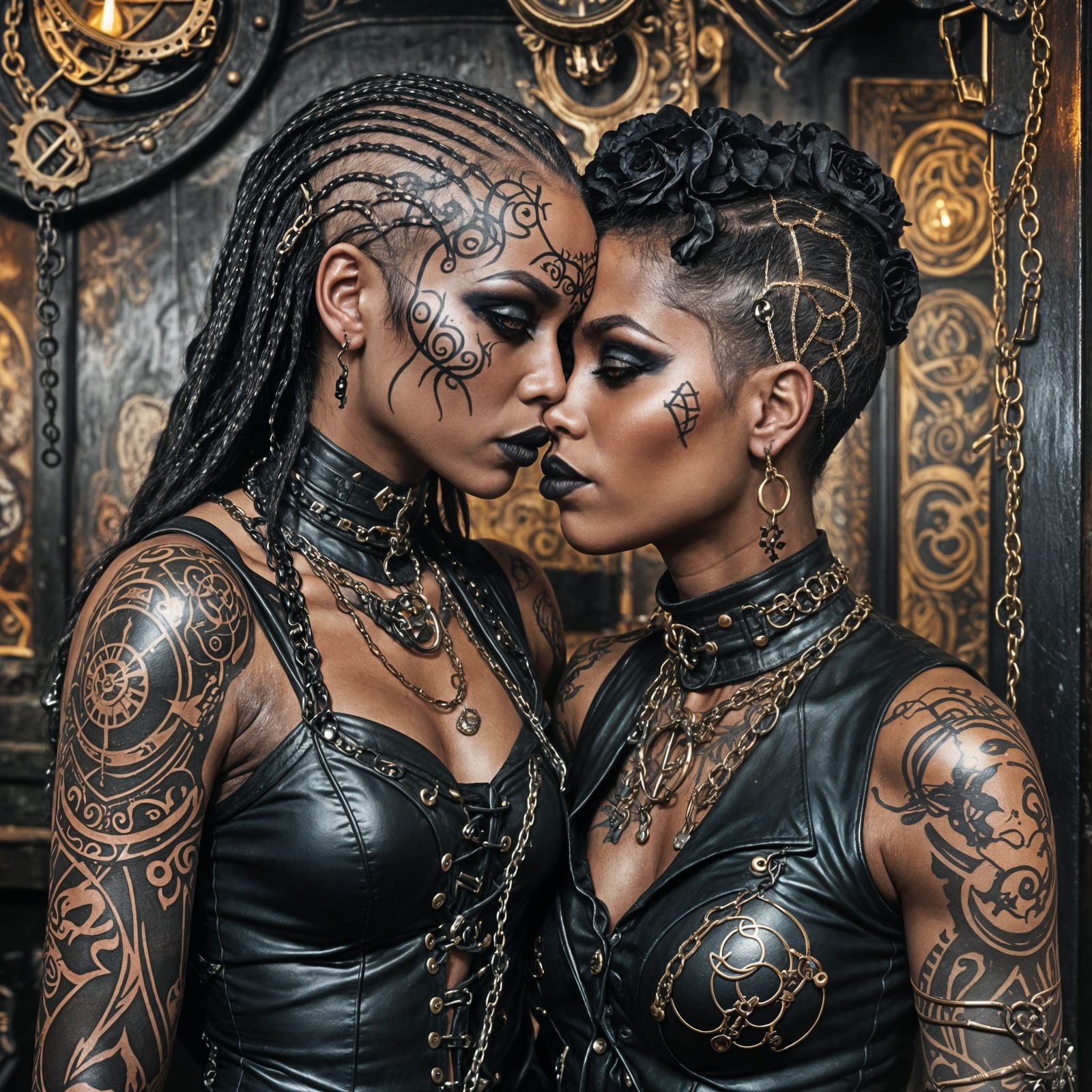 Goth Women Kissing in Steampunk Tavern