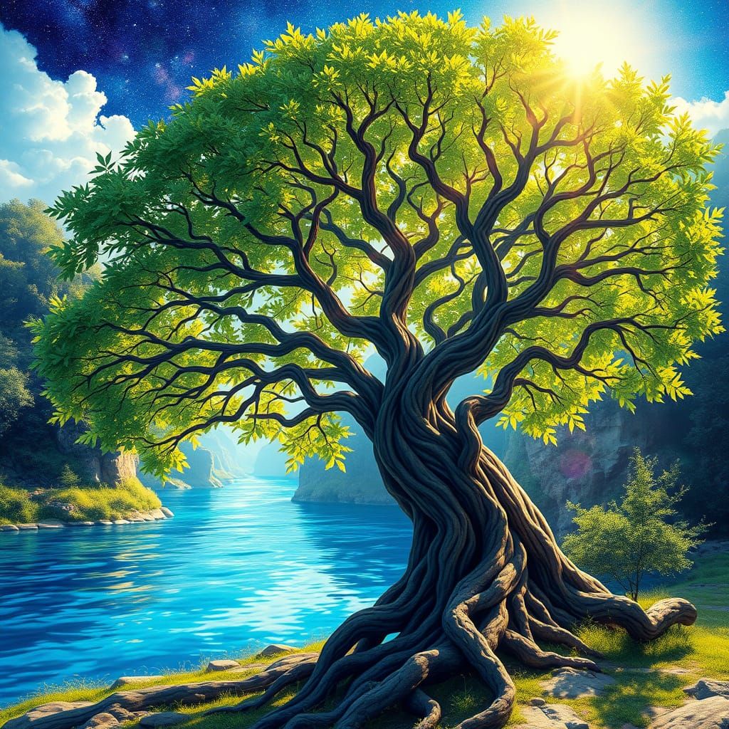Vibrant Tree Beside Blue River: Cosmic Illustration