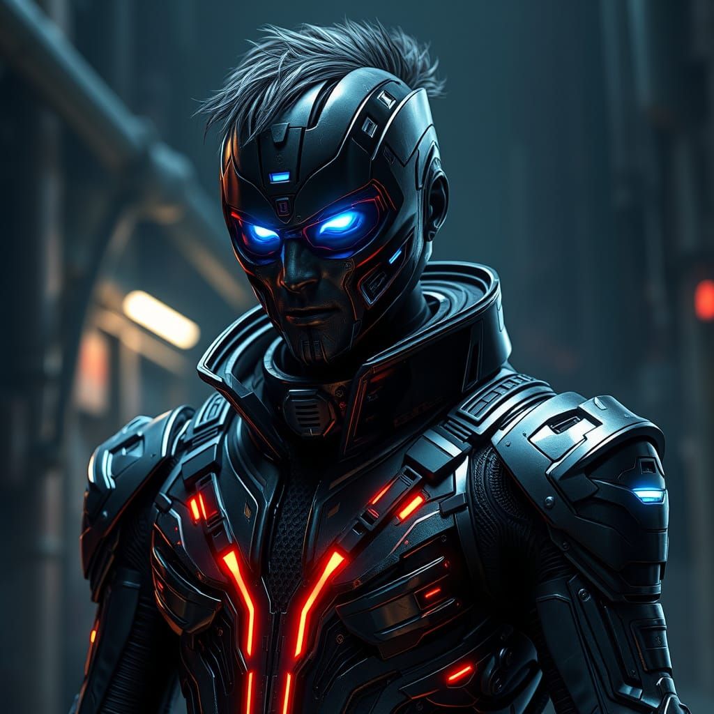 Cybernetic Warrior in Dystopian Landscape