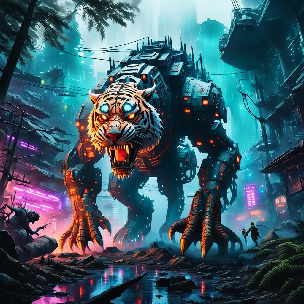 Cyberpunk Mech Tiger-Dinosaur Fusion in Ruined City