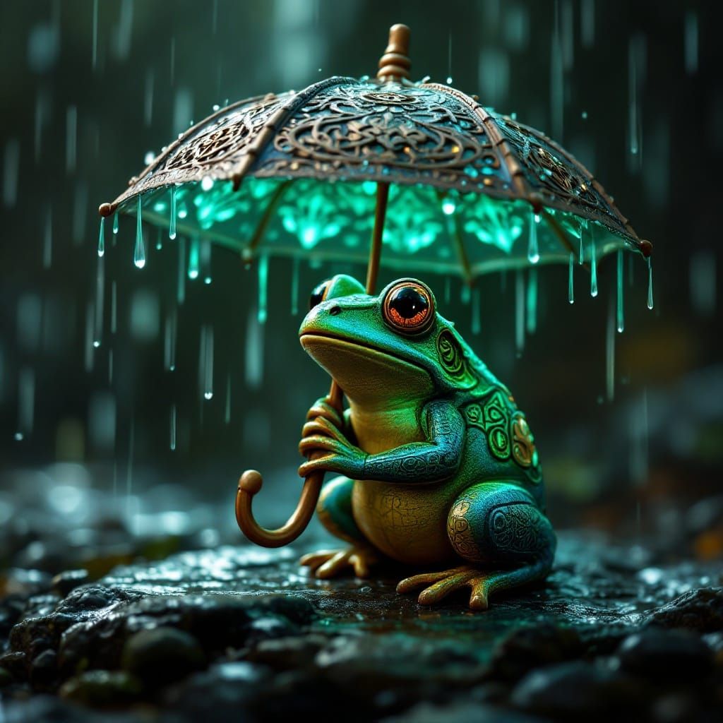 Wooden Frog Under Umbrella: Dreamlike Dark Fantasy