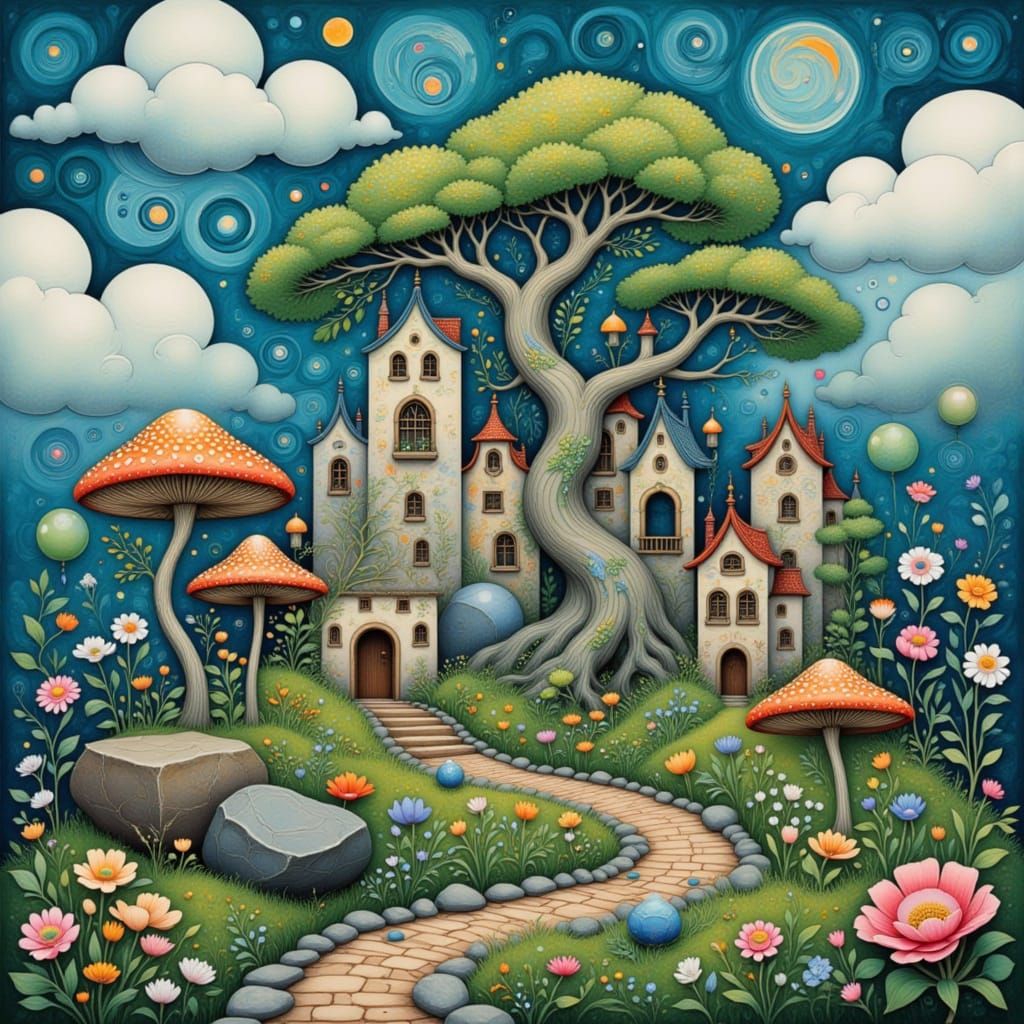 Misty Bonsai Village in Folk Art Nouveau Style