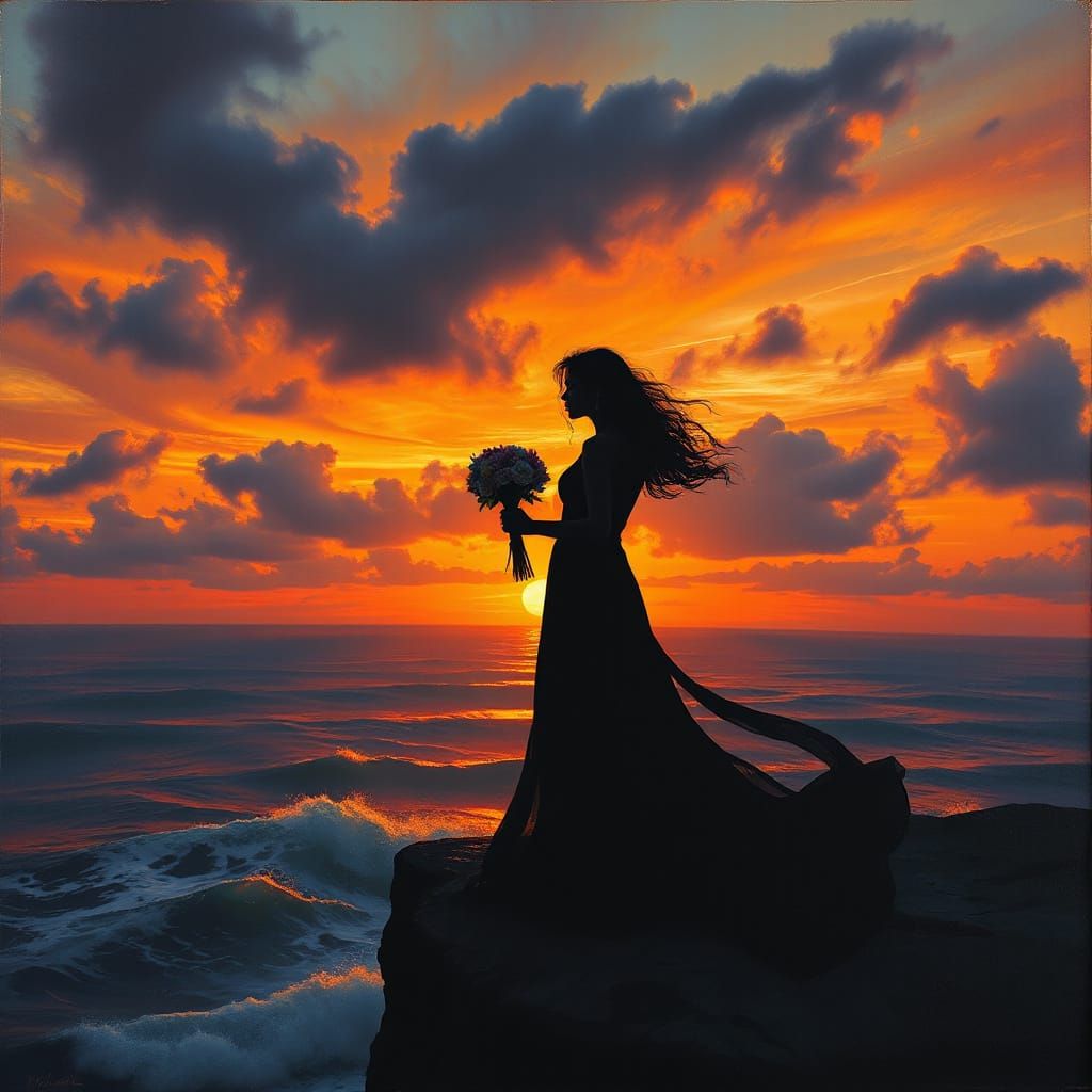 Silhouette of Distressed Woman at Sunset