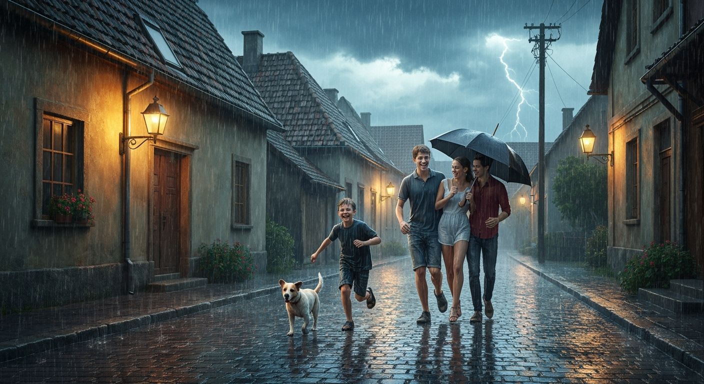 Rainy Village Street Scene in Photorealistic Style