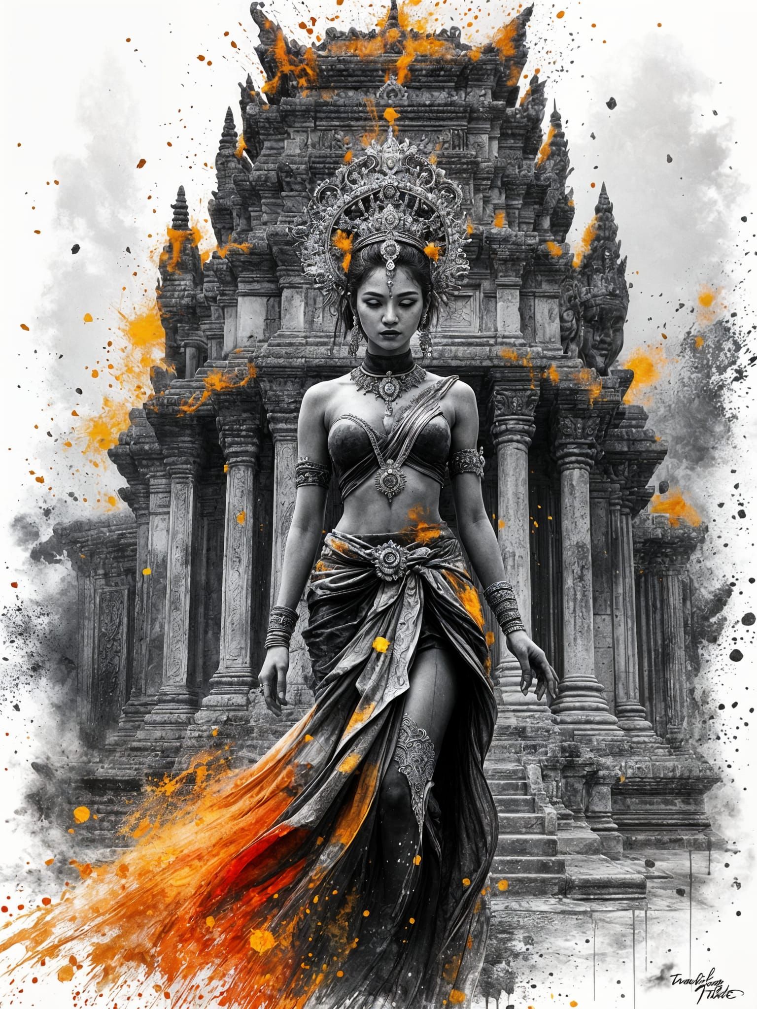 Cambodian Apsara Dancer in Ink Style