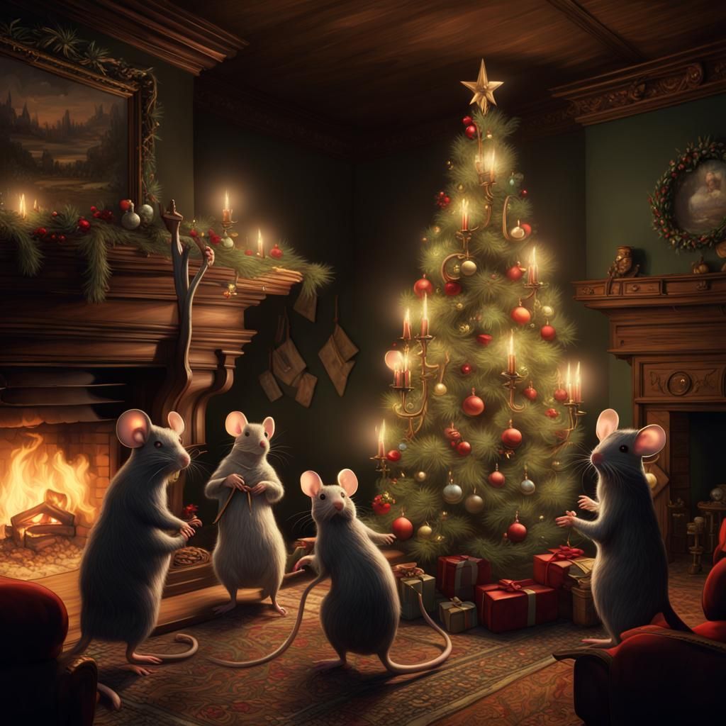 Victorian Christmas Tree Decorated by Mice