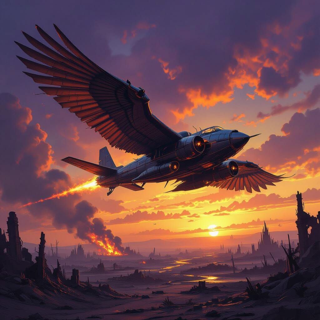Metallic Bird-Plane Hybrid in Apocalyptic Scene