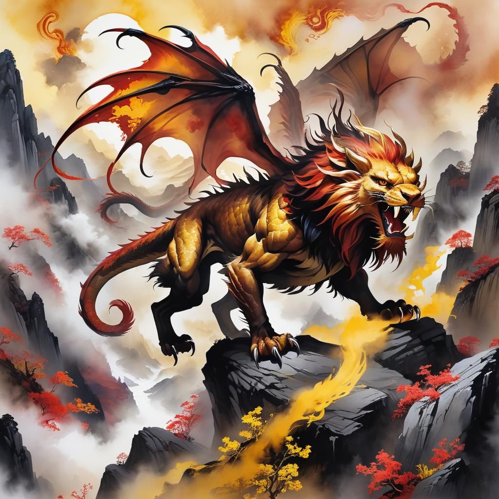 Majestic Manticore on Misty Mountaintop in Watercolour Style