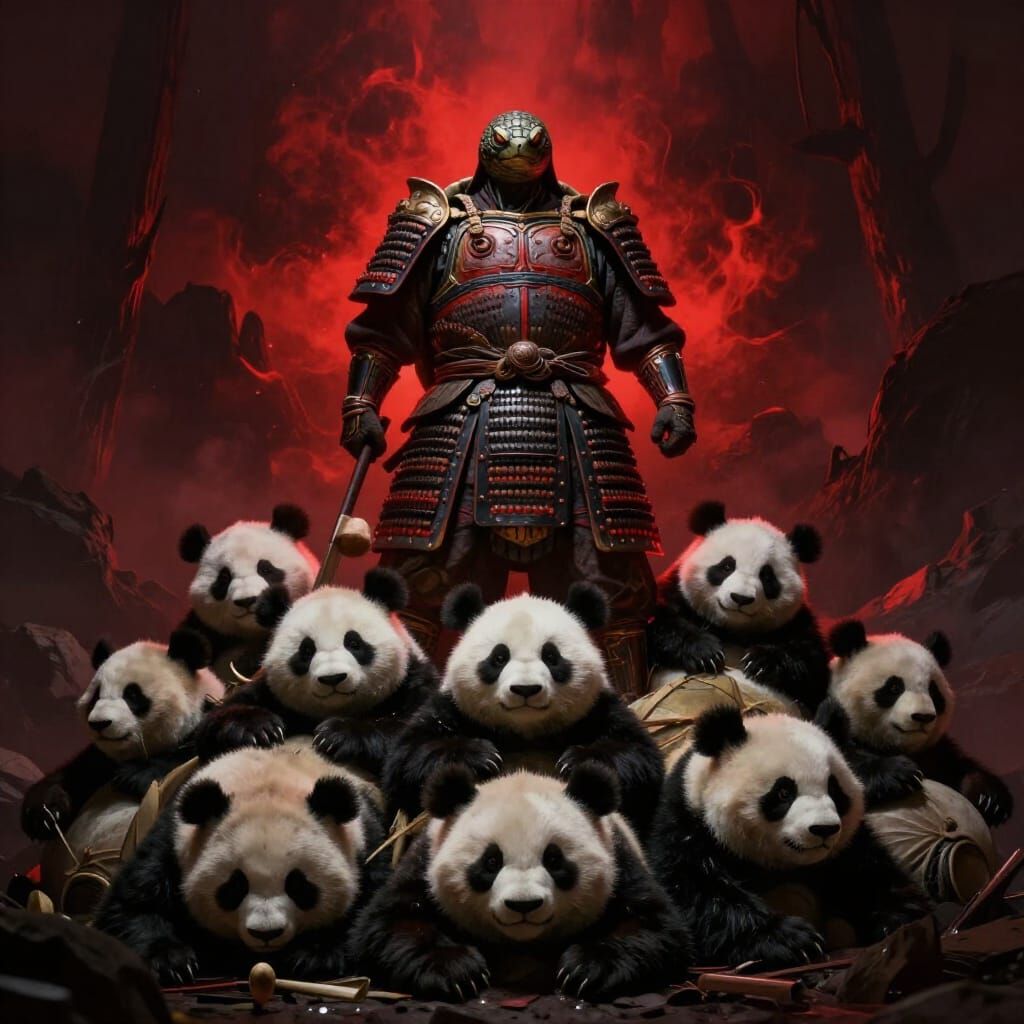 Samurai Turtle Victorious Over Panda Pile in Dark Fantasy St...