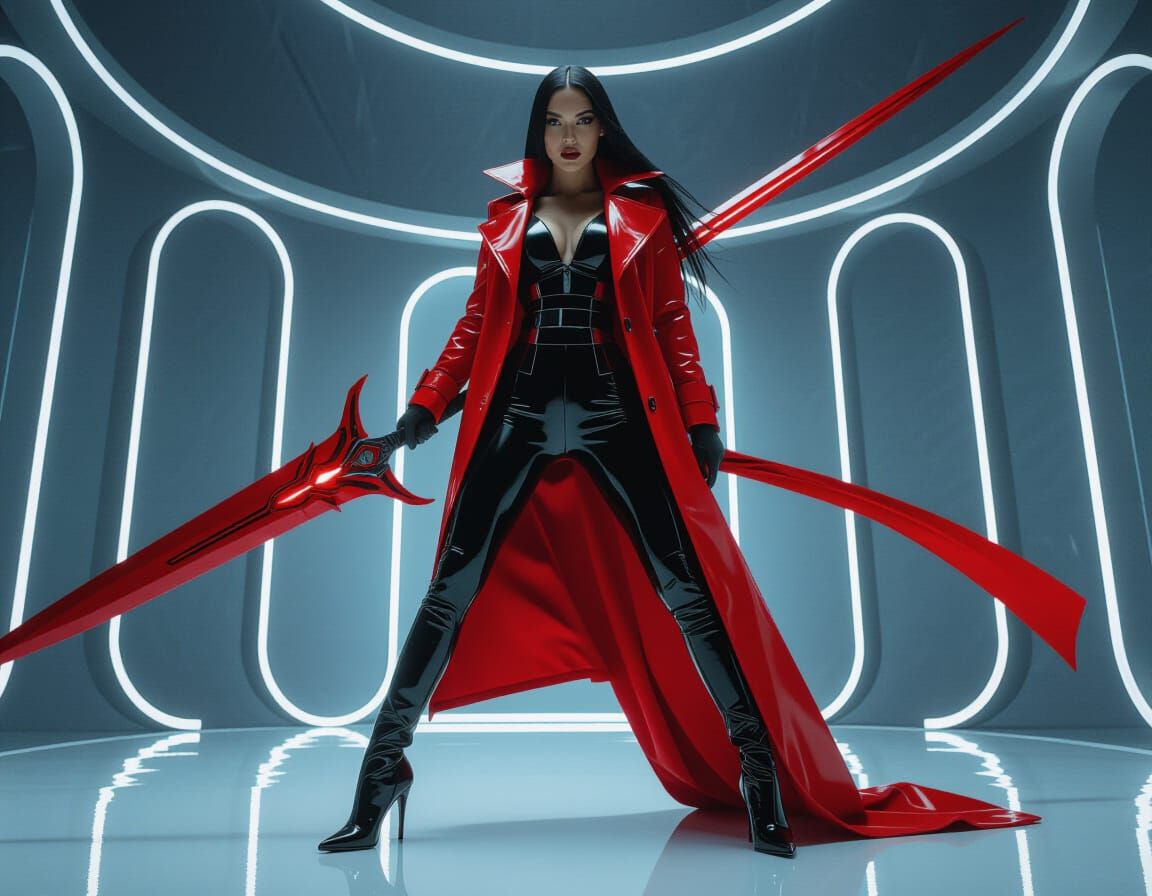 Fashion Editorial: Alectra in Latex and Red Trenchcoat