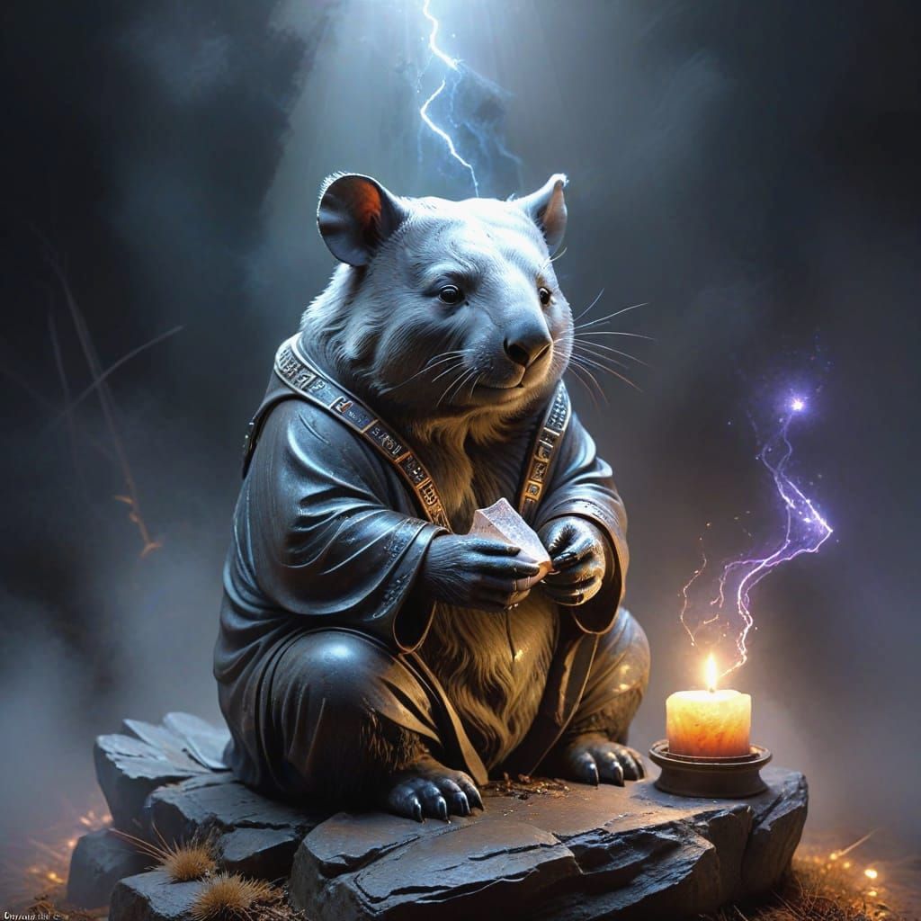 Ethereal Wombat Hierophant Statue at Misty Crossroads