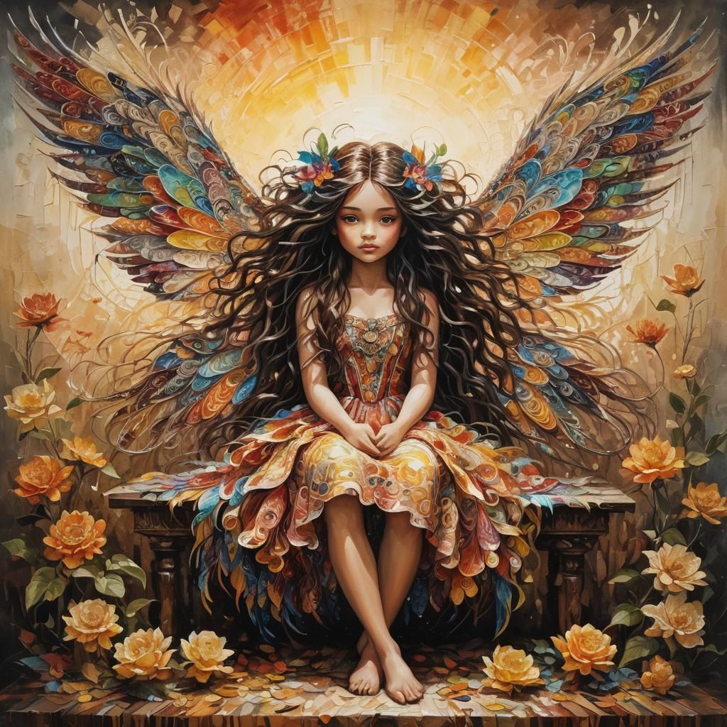 Ornate Beauty with Wings in Impasto Style