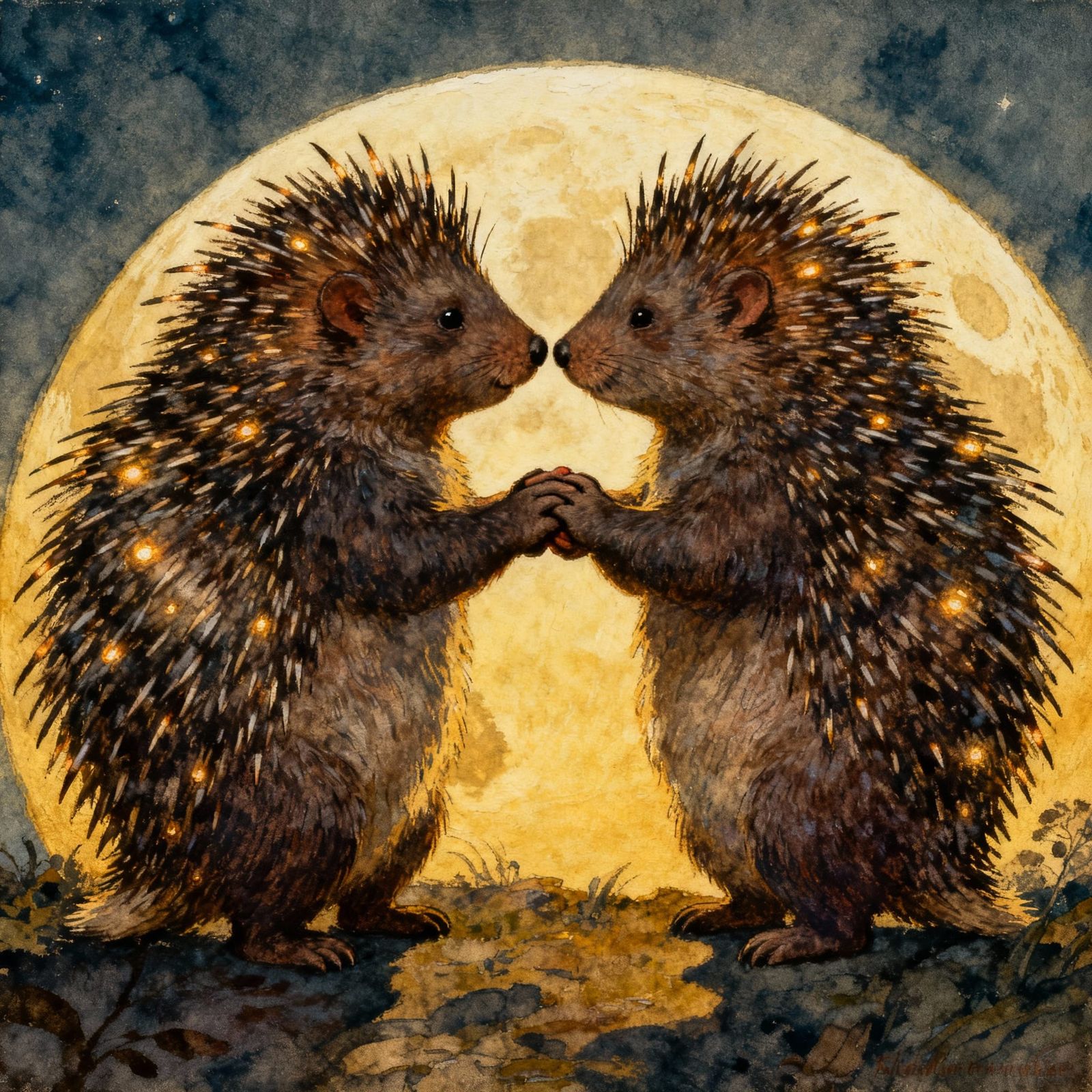 Two Porcupines Cooing Under Moonlight