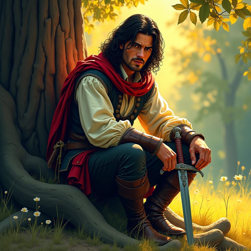 D'Artagnan Resting in Golden Shadows, Hyperrealistic Renderi...