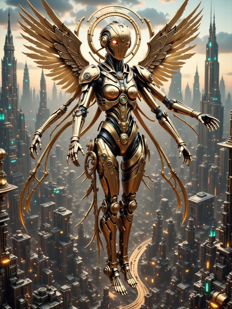 Brass Clockwork Goddess Above Futuristic Cityscape